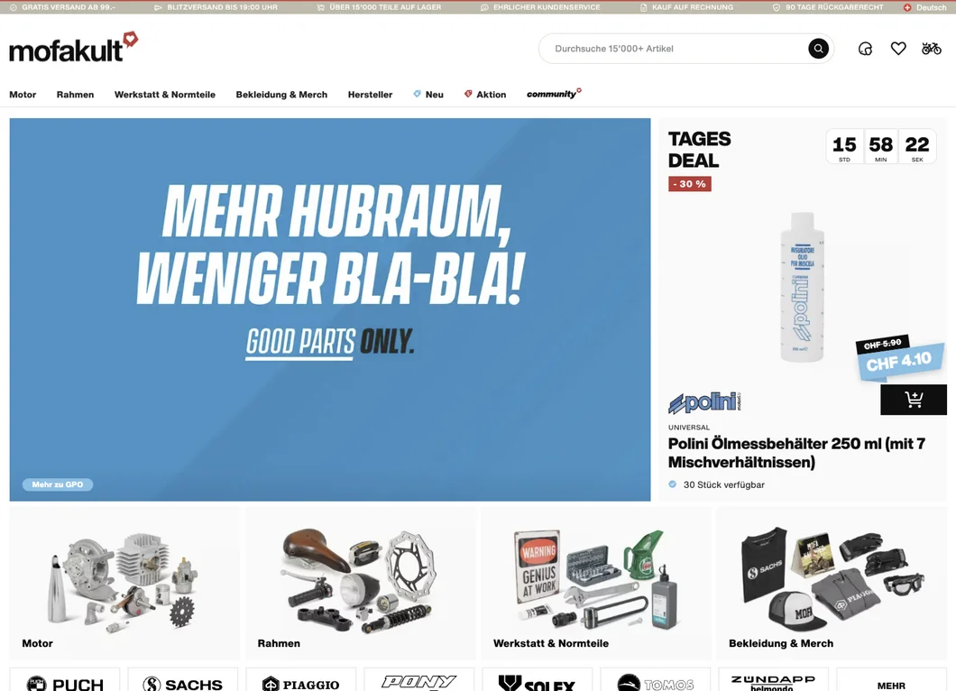 Screenshot of the Mofakult online store featuring a blue “Good parts only” campaign banner, a daily deal and product categories for moped engines, frames, tools, accessories and merchandise. Mofakult moped parts webshop