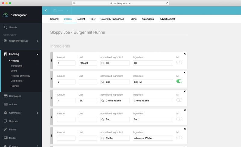 küchengötter.de - Admin UI - Recipe Ingredients küchengötter.de - Admin UI - Recipe Ingredients
