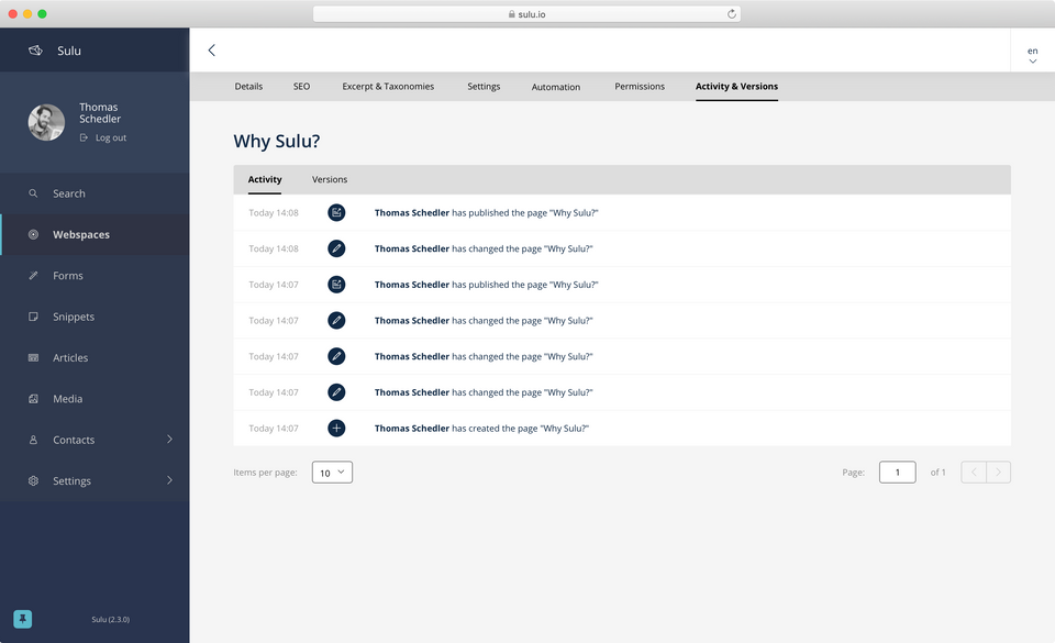 Sulu Page Activity Log