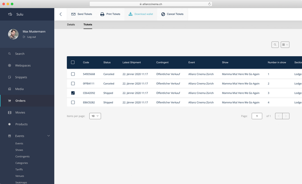 allianzcinema.ch - Admin UI - Order Tickets
