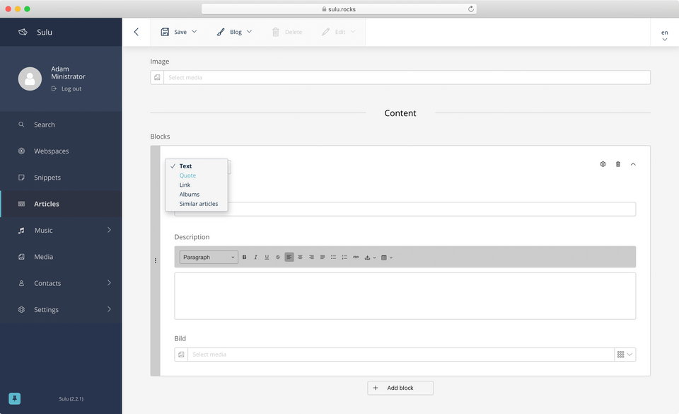 The form for adding an article on Sulu.rocks — editors can add as many standardized blocks as they like without breaking anything.