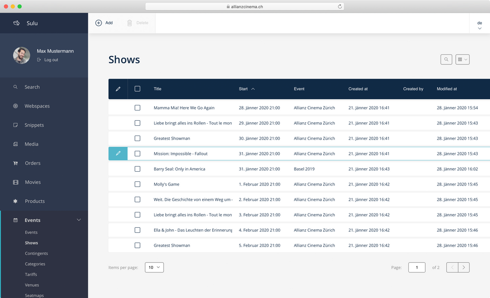 allianzcinema.ch - Admin UI - Shows